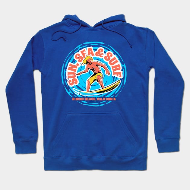 Vintage Sun, Sea & Surf Rincon Beach, California // Retro Surfing // Surfer Catching Waves Hoodie by Now Boarding